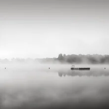 Bathing platform on a misty lake with soft water colors