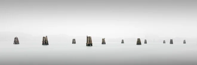 Minimal photo art by Ronny Behnert: serene canal in Venice shrouded in winter fog