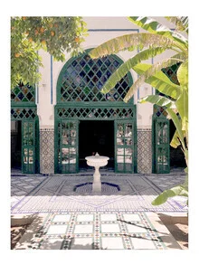 Colorful photo art depicting the interior of Mantika Palace in Marrakech.