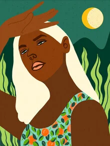 Bunte Illustration von Uma Gokhale: tropische Frau unter Mondphasen