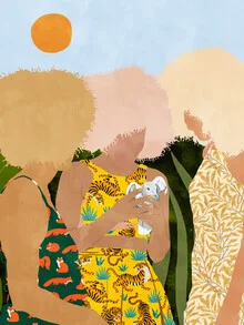Wall art by Uma Gokhale: women in a colorful garden with birds