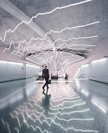 Photo art by Dimitri Luft: pulsing light in a subway station in Stockholm