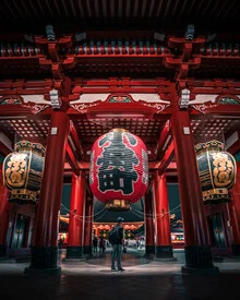 Photo art by Dimitri Luft: nighttime Asakusa Temple with red light and symmetrical shapes