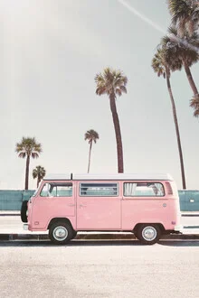 Photo art by Kathrin Pienaar: pink van at a palm-lined beach in California