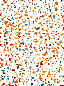Abstract wall art in warm colors, inspired by terrazzo patterns