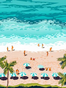 Wall art by Uma Gokhale: Colorful illustration of a sunny beach with palm trees and waves.