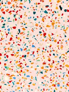 Colorful wall art by Uma Gokhale featuring abstract terrazzo patterns in soft blush tones.