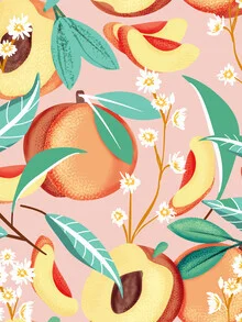 Wall art featuring colorful peaches in a whimsical botanical pattern
