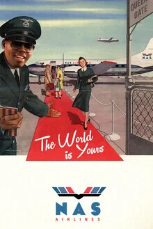 Wall art featuring a plane in a retro advertisement illustration by David Redon