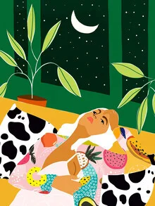 Illustration by Uma Gokhale: a colorful depiction of a woman with moon motifs.