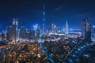 Photo art by Jean Claude Castor: Dubai skyline panorama at night