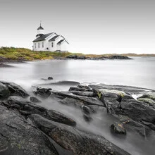 Photo art by Ronny Behnert: serene landscape featuring Gimsøy Church in Norway