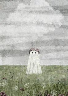 Wall art by Katherine Blower: ghostly figure in a blooming meadow