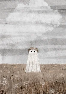 Illustration by Katherine Blower: A ghost in a meadow surrounded by blooming flowers.