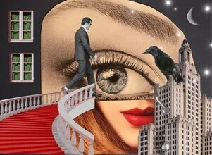 Illustration by Adahi Cruz: Dreamy city scene featuring a woman and a crow