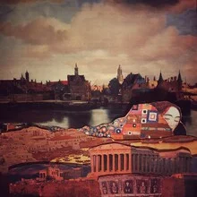 Illustration by Adahi Cruz: a surreal view of a sleeping city in soft brown tones