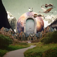 Wall art: surreal town landscape with green mountains and birds in the sky.