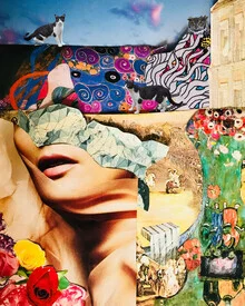 Wall art by Adahi Cruz: surreal collage with cats and flowers in a dreamlike state