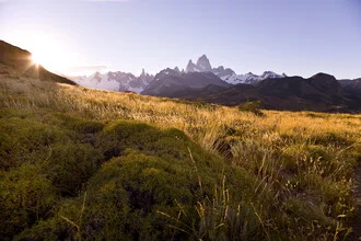 Photo art by Julian Bückers: sunset over Cerro Torre and Fitz Roy in Patagonia
