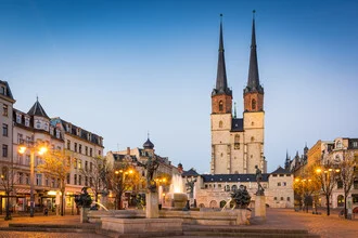 Photo art by Martin Wasilewski: evening scene in Halle with Marienkirche and Göbelbrunnen