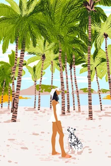 Bunte Illustration von Uma Gokhale: fröhliche Strandszene mit Palmen und Tieren