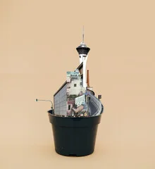 Illustration featuring plants and houses in a surreal style by Marko Köppe.