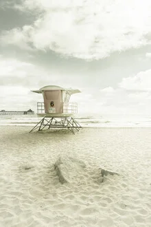 Photo art by Melanie Viola: Vintage beach view featuring a lifeguard tower and ocean