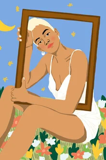 Illustration von Uma Gokhale: eine Frau umgeben von Pflanzen und Sternen im Nachthimmel