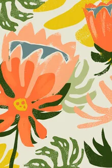 Wall art featuring colorful flowers and leaves, conveying a cheerful mood.
