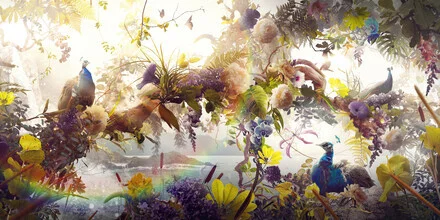 Wall art by Jesper Krijgsman: colorful flowers and a peacock in the forest