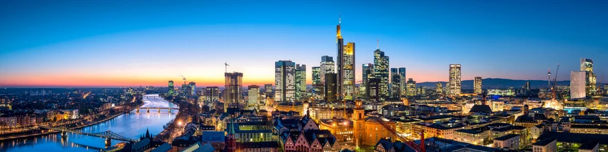 Photo art by Jan Becke: panorama of Frankfurt skyline at sunset