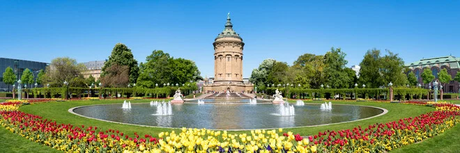 Photo art by Jan Becke: Water tower in Mannheim with spring awakening in the park