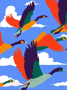 Colorful wall art by Uma Gokhale: flying geese under a vibrant sky