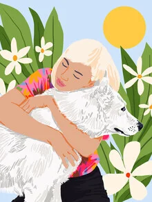 Illustration by Uma Gokhale: cheerful woman with a dog in a colorful garden
