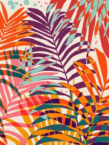 Wandbild mit bunten Palmen und botanischen Elementen in einem lebhaften Design.