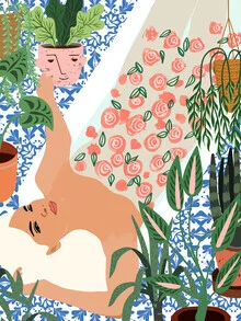 Illustration of a Moroccan bath with plants and a warm, inviting atmosphere