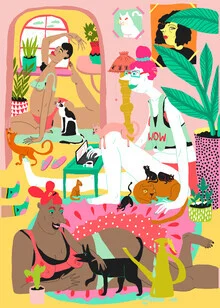 Illustration by Ezra W. Smith: women and cats relaxing together in quarantine.