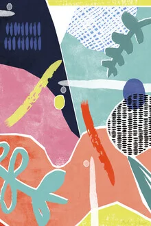 Colorful collage by Merle Schewe depicting spring with floral structures.