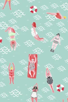 Illustration by Merle Schewe: girls happily swimming in a pool under sunshine.