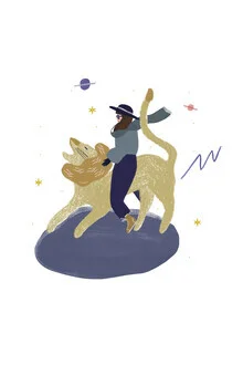 Illustration by Merle Schewe: lion in zodiac style with moon-like background