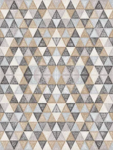 Wall art featuring gold, grey, and black geometric patterns, creating a calm mood.