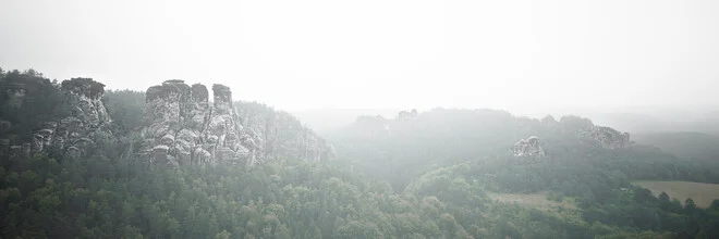 Morning fog over the Elbe sandstone mountains, soft colors and a calm atmosphere.