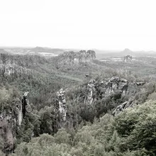 Enchanted landscape with fog over the Elbe sandstone mountains