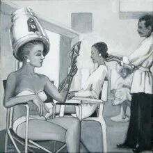 Wall art by Sarah Morrissette: relaxing scene in a 1950s beauty salon