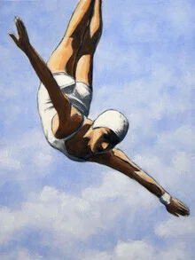 Wall art of a stylish diver in a white cap leaping through clouds.
