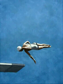 Wall art of a diving woman against a dark sky, evoking a sense of nostalgia.