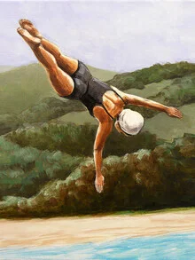Illustration of a woman diving into a river, surrounded by water and sunshine.