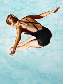 Illustration of a woman in a black swimsuit elegantly jumping into the water