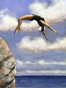 Wall art by Sarah Morrissette: Woman jumping from a cliff into the sea