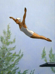 Wall art by Sarah Morrissette: diver above trees in a sunny summer setting